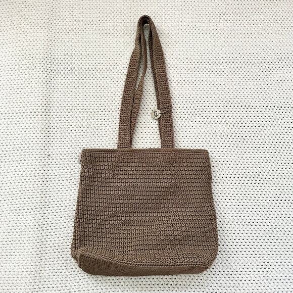 The SAK Classic Crochet Beige Khaki Tan Long Handle Medium Shoulder Bag Zip - Picture 7 of 9